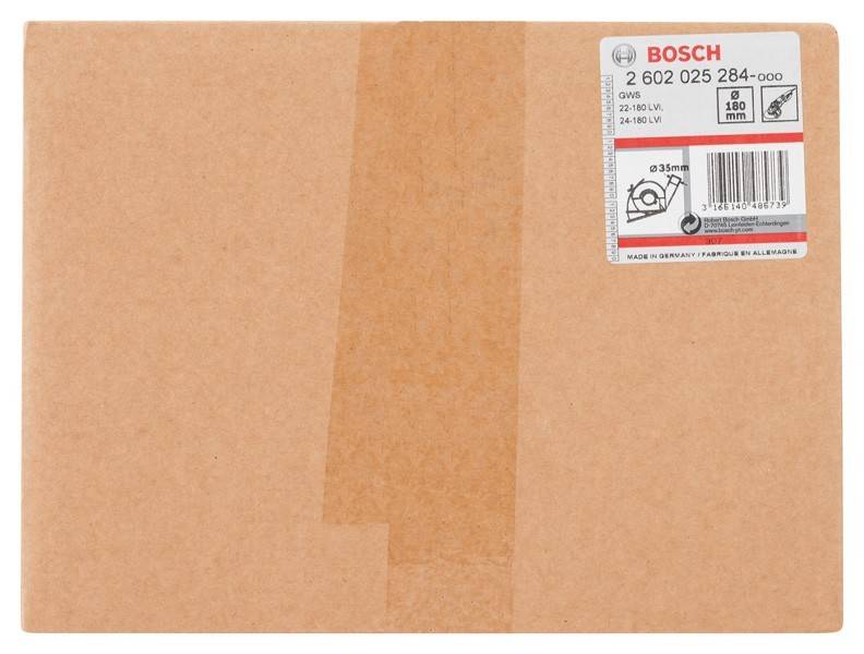 Ein Bosch-Produktetikett auf einer Kartonoberfläche, das die Modellnummer 2 602 025 284 und Spezifikationen für ein 180-mm-Werkzeugzubehör zeigt.