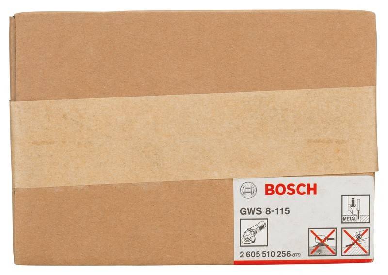 Karton mit einem 'Bosch' Logo und der Modellnummer 'GWS 8-115', der ein spezifisches Elektrowerkzeug enthält.