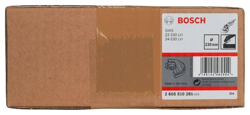 Eine braune Pappschachtel mit einem roten und grauen Etikett, das ein Markenlogo und eine Modellnummer zeigt: 'GWS 22-230 LVI'. Der Text besagt 'Made in Germany'.