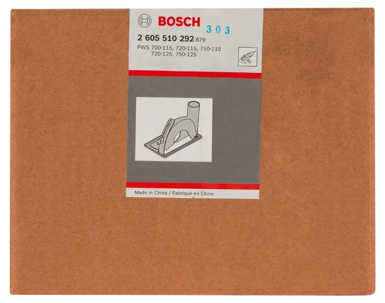 Bosch' Etikett auf brauner Kartonage mit Teilenummer '2 605 510 292-879' und Kompatibilitätsangaben für PWS-Modelle. Hergestellt in China.