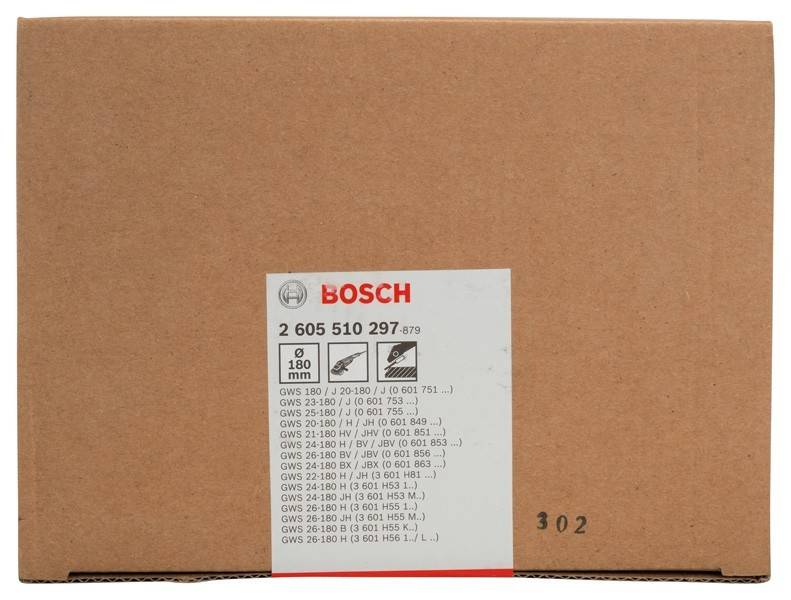 Eine Pappschachtel mit einem Bosch-Etikett, das Produktteile und Codes auflistet, einschließlich '2 605 510 297' und verschiedener GWS-Serienartikel.