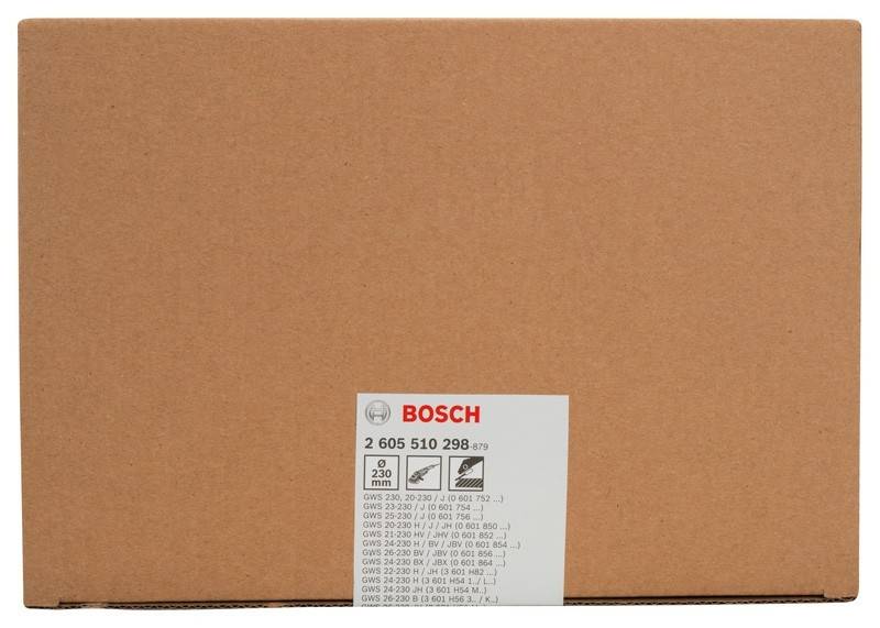 Die Abbildung zeigt eine Bosch-Produktverpackung mit einem Etikett, das Spezifikationen für verschiedene Modelle von Winkelschleifern, einschließlich Leistung und Abmessungen, auflistet.