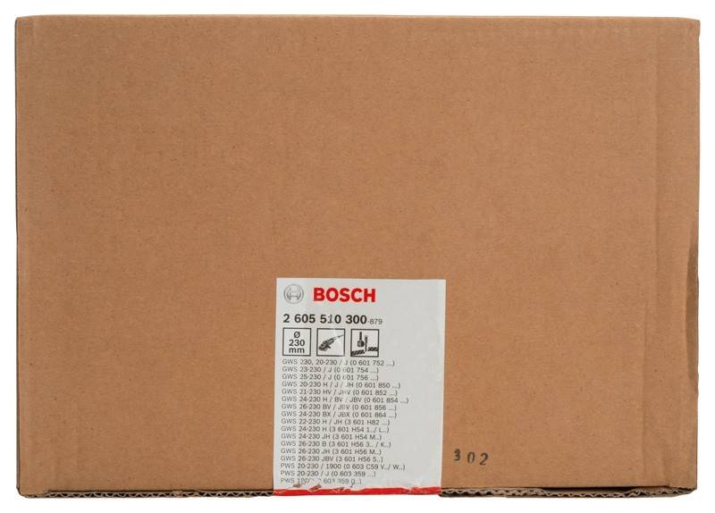 Eine Pappverpackung mit einem Bosch-Etikett. Das Etikett enthält Modellnummern einschließlich GWS 230-20 und GWS 24-300. Sichtbare Zahlen: 302.