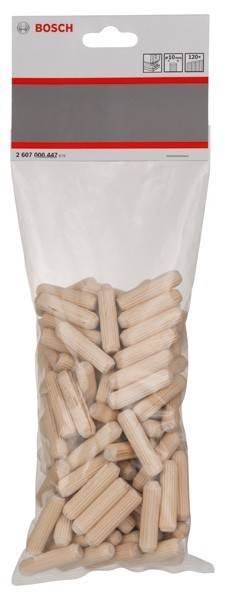 Eine durchsichtige Plastiktüte gefüllt mit hellen Holzdübeln, die vertikal und horizontal gestapelt sind, zur Verwendung in der Tischlerei oder bei Do-it-yourself-Projekten.