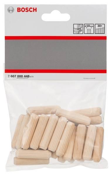 Eine Tüte mit Holzdübeln mit der Beschriftung '2 607 000 448'.
