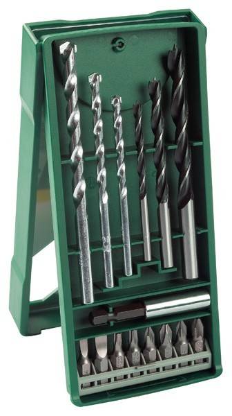 Eine grüne Plastikbox, die verschiedene Größen von Metallbohrern in Reihen enthält und für die Verwendung in Bohrmaschinen konzipiert ist.