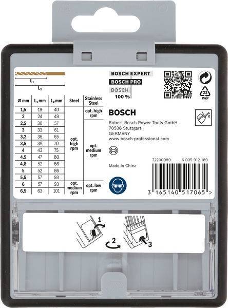 Verpackung für Bosch Expert. Beinhaltet eine Tabelle mit Sägeblattgrößen, Materialien und empfohlenen Umdrehungen pro Minute. Enthält einen QR-Code und Kontaktinformationen.