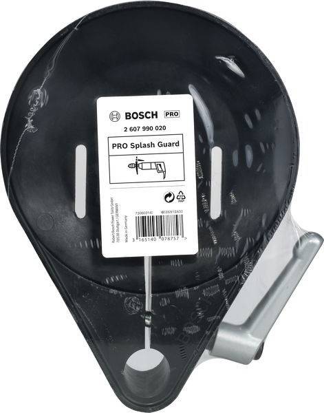 Eine kreisrunde schwarze Bosch PRO Spritzschutzscheibe mit einer Beschriftung, die den Produktnamen, die Teilenummer und ein kleines Bohrsymbol zeigt.