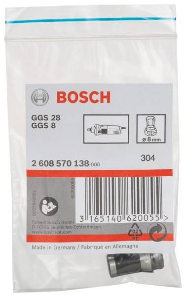 Verpackung für Bosch GGS 28/GGS 8 Werkzeugteile, mit Artikelbild, Teilenummer 2 608 570 138, Strichcode und 8 mm Durchmesser-Symbol.