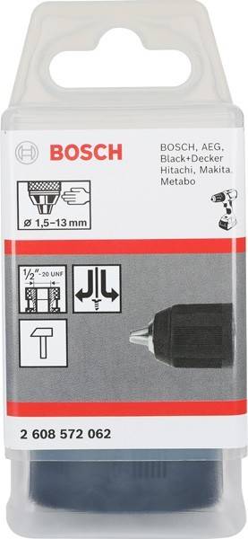 Bosch' Logo und eine Hand, die einen Bohrereinsatz hält, kompatibel mit verschiedenen Marken. Zeigt ein Bohrfutterbild mit einer Größenangabe von 1,5-13 mm.