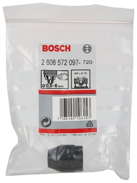 Zubehörpaket von Bosch, gekennzeichnet für einen Durchmesserbereich von 0,5-6 mm, Modell 2 608 572 097-720, hergestellt in der Schweiz.