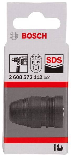 Bohrzubehör-Verpackung mit 'SDS plus'-Etikett, Teilenummer '2 608 572 112-000' und schwarzer Bohrkopfabbildung.