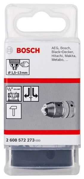 Bosch-Bohrfutterset mit kompatiblen Marken wie AEG, Black+Decker. Enthält Spezifikationen Ø1,5–13 mm und 1/2