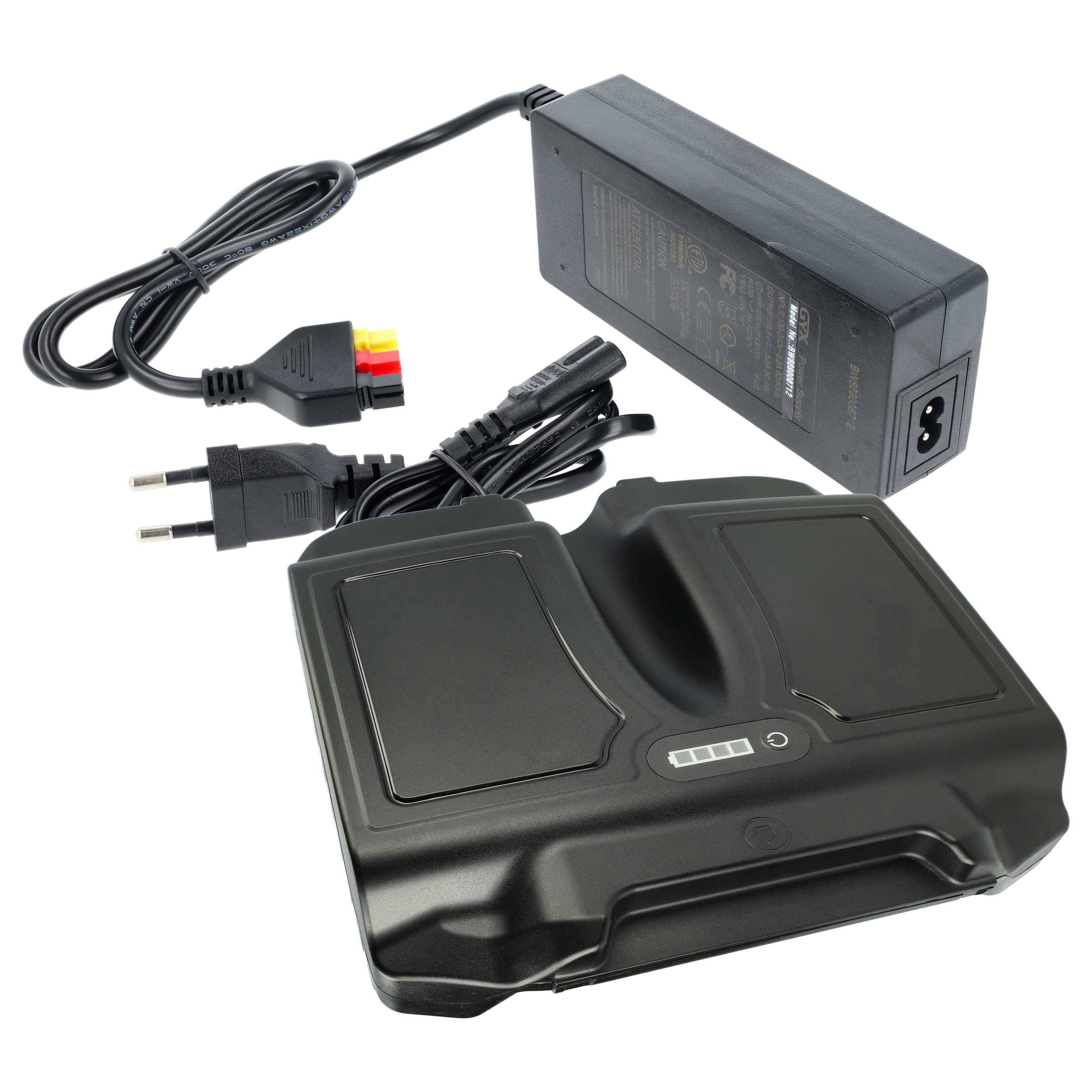 Eine schwarze Elektroroller-Batterie mit Netzadapter und Kabeln, mit LED-Anzeigen auf der Batterie zur Überwachung des Ladezustands.
