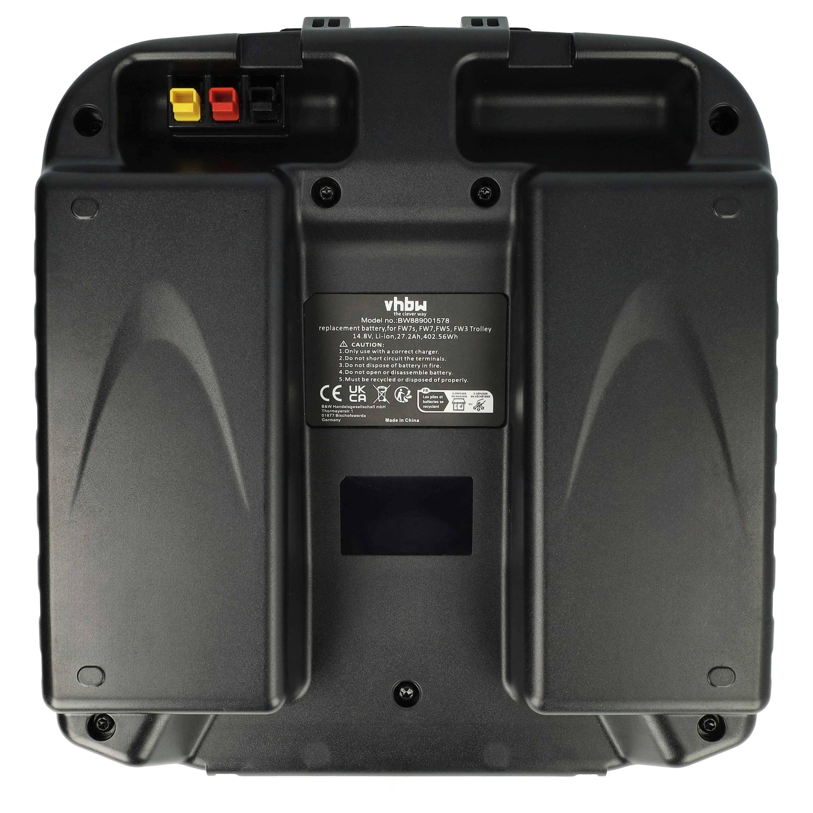 Schwarze Batteriepacks mit Etikett, das technische Spezifikationen zeigt. Enthält rote und gelbe Anschlüsse an der Oberseite für die Stromversorgung.