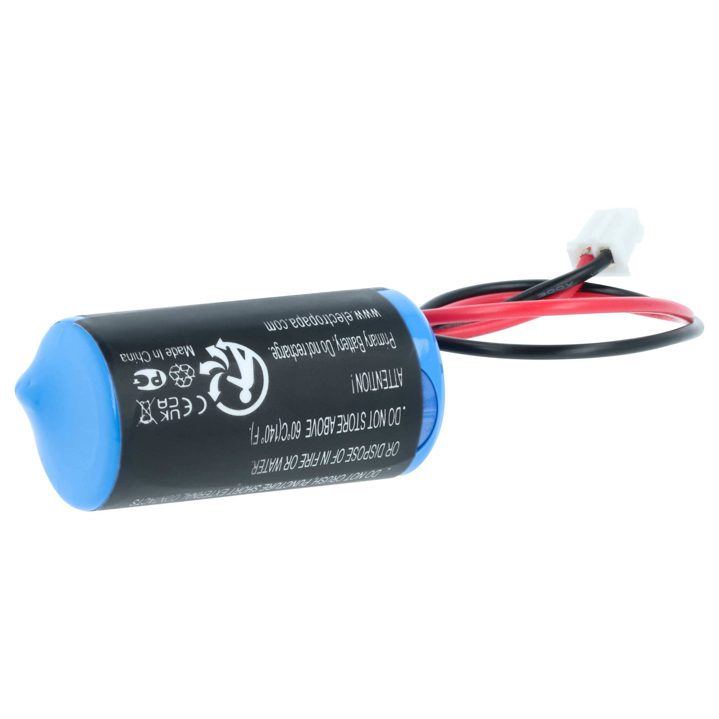 Eine blaue und schwarze zylindrische Batterie mit roten und schwarzen Kabeln und einem weißen Anschluss, auf der Sicherheits- und Verwendungshinweise gedruckt sind.