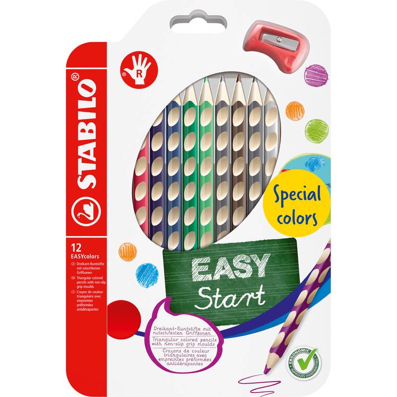 STABILO EASYcolors Buntstifte mit ergonomischen Griffzonen, ideal für Anfänger. Enthält eine vorgeschärfte Packung mit 12 lebendigen Farben.
