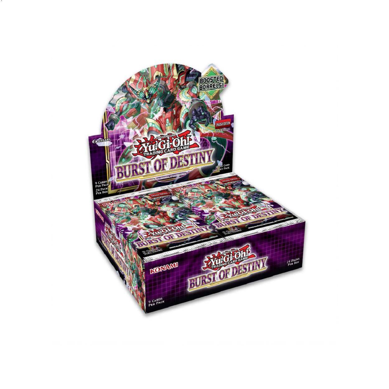 Eine farbenprächtige Displaybox von 'Yu-Gi-Oh! Schicksal der Zerstörung' Sammelkarten, die lebendige Kunstwerke zeigt und mit Booster-Packungen beschriftet ist.