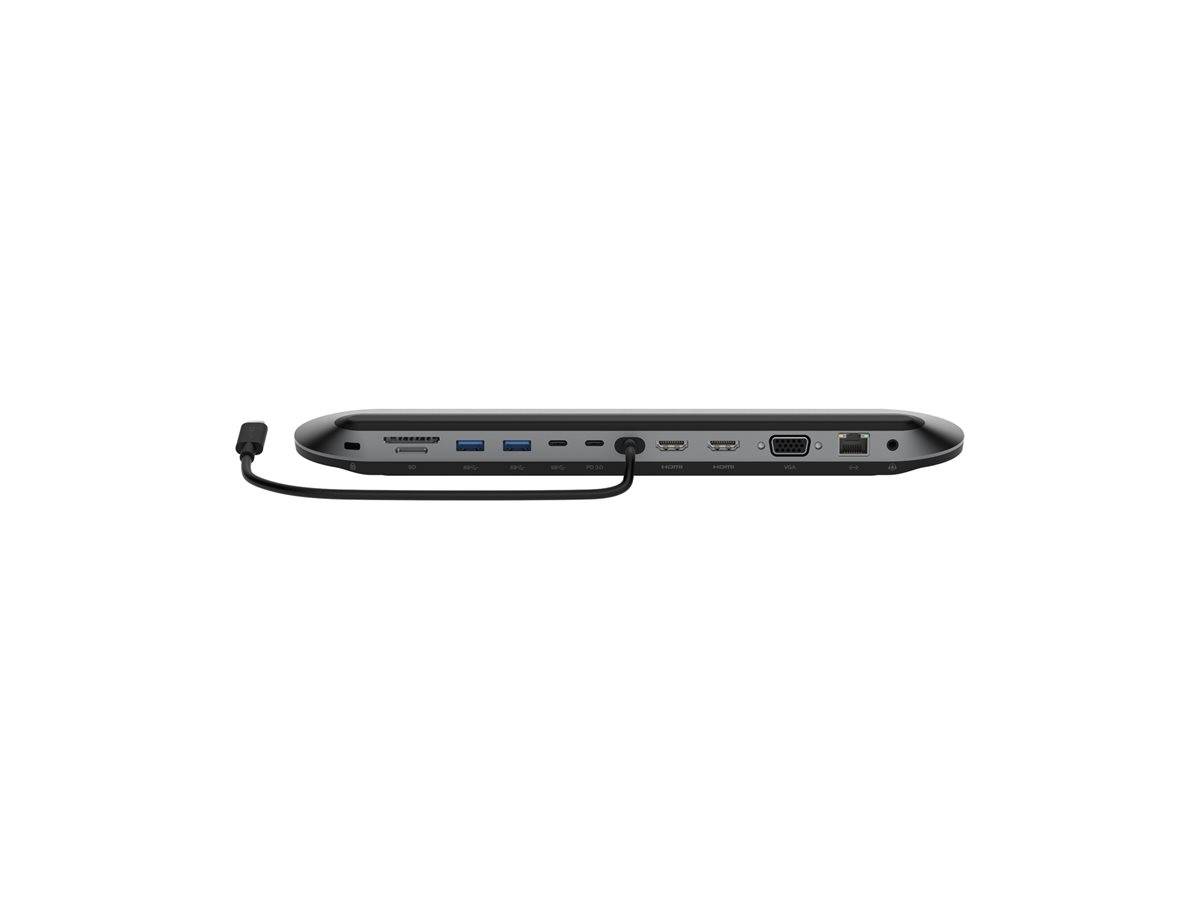Eine schlanke, schwarze Multi-Port-Dockingstation mit verschiedenen Eingangs-/Ausgabeanschlüssen, darunter USB, HDMI, VGA und Ethernet, von hinten gezeigt.