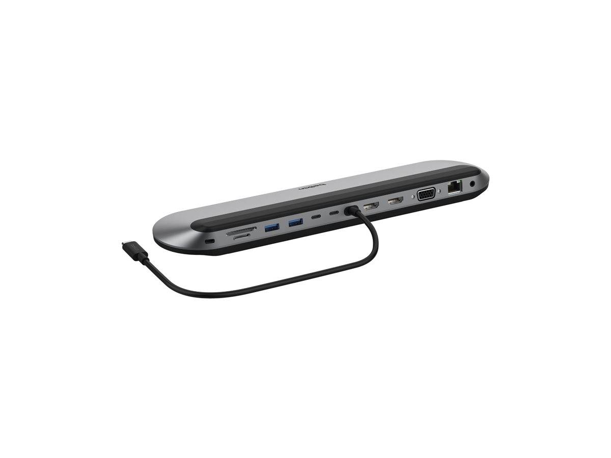 Eine elegante Dockingstation mit Anschlüssen für USB, HDMI und Ethernet, ausgestattet mit einem Kabel zum Anschließen von Geräten.