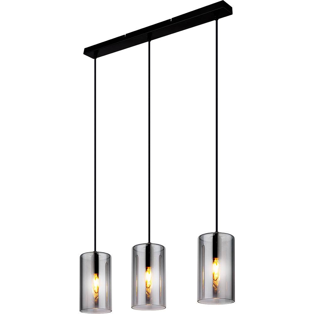 Pendelleuchte Hängelampe Deckenleuchte Esstischlampe, Metall schwarz Glas Rauchfarben, 3 Flammig E14 25W, H 120 cm