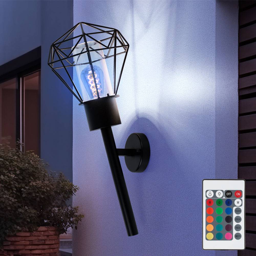Außenleuchte Wandleuchte Gartenlampe Fackel schwarz Vintage Wandlampe, Edelstahl, Fernbedienung dimmbar, RGB LED 8,5W 806Lm warmweiß, HxBxÜ 28,5x22