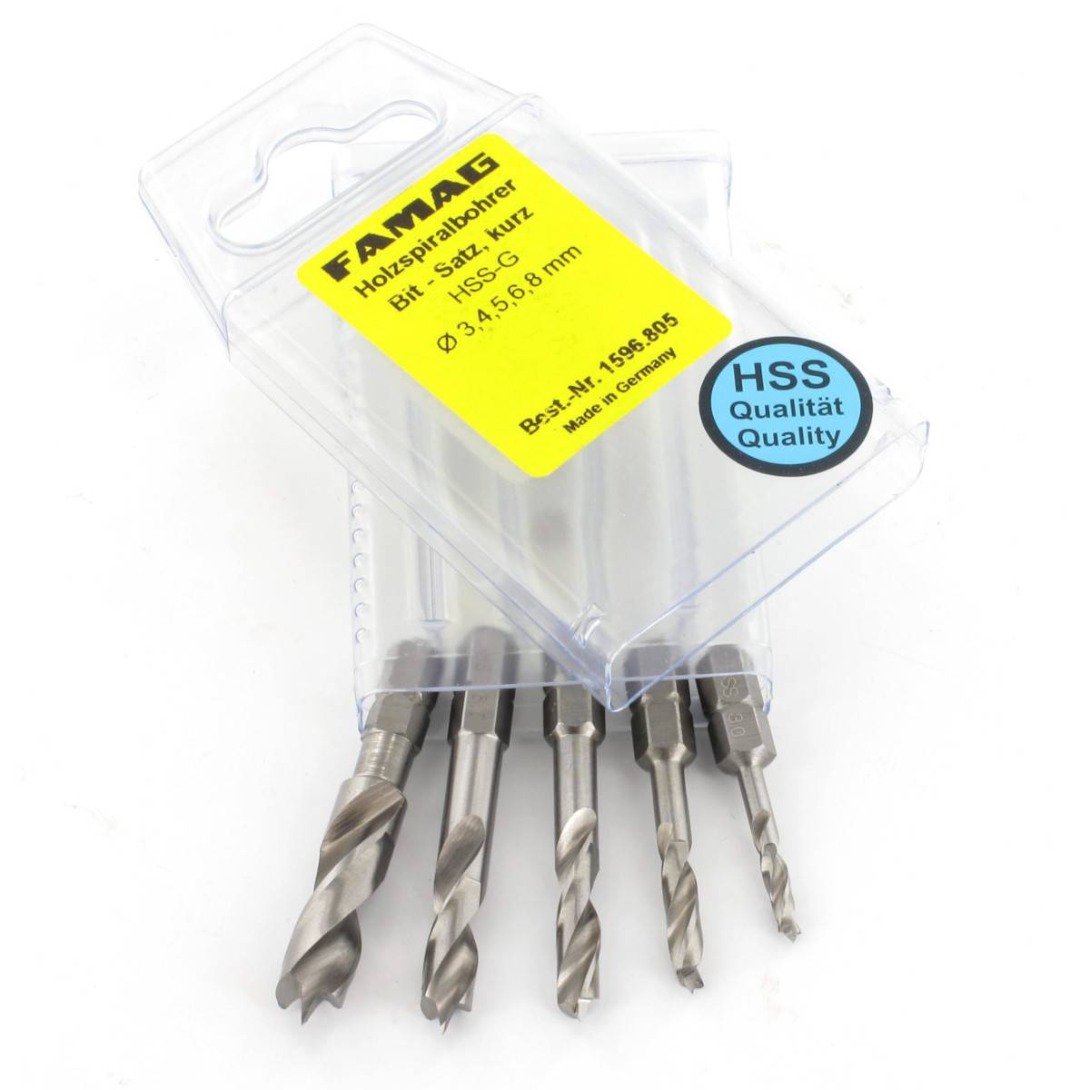 Famag Holzspiralbohrer HSS-G Bits kurz 1596.805 - 5-teilig im Blister Ø 3, 4, 5, 6, 8 mm