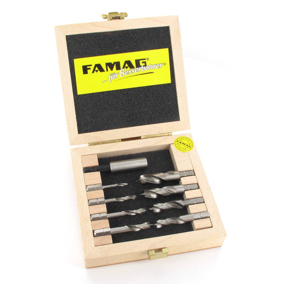 Famag Holzspiralbohrer HSS-G Bits kurz 1596.508 - 9-teilig im Holzkasten. Ø 3, 4, 5, 6, 7, 8, 9, 10 mm inkl. Bithalter