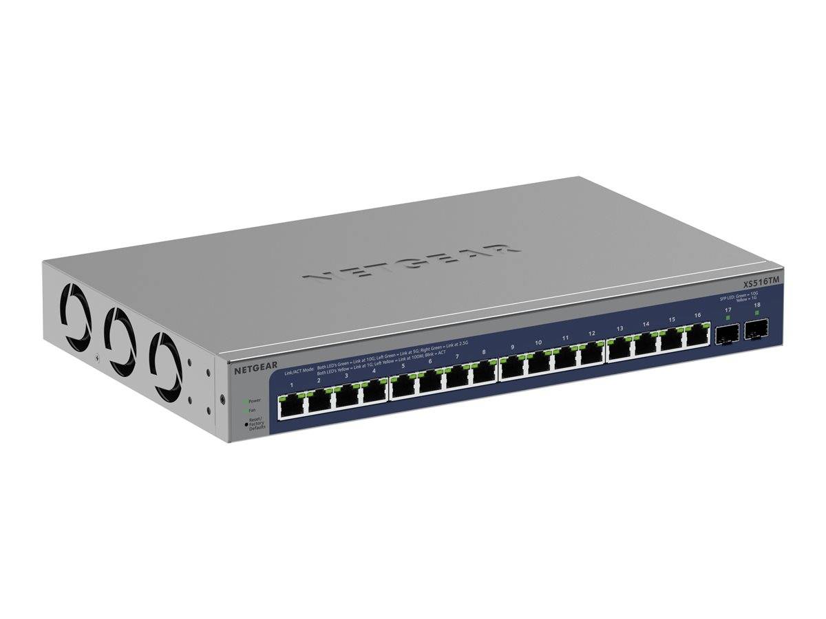 NETGEAR Rack-Mount Ethernet-Switch mit 16 nummerierten RJ45-Anschlüssen auf der Frontplatte und Kühlungsöffnungen an der Seite.