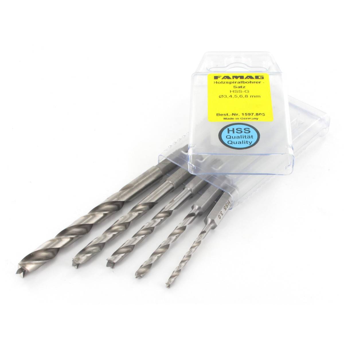 Famag Holzspiralbohrer HSS-G Bits lang - 1597.805 - 5-teilig in PVC-Box Ø 3, 4, 5, 6, 8 mm