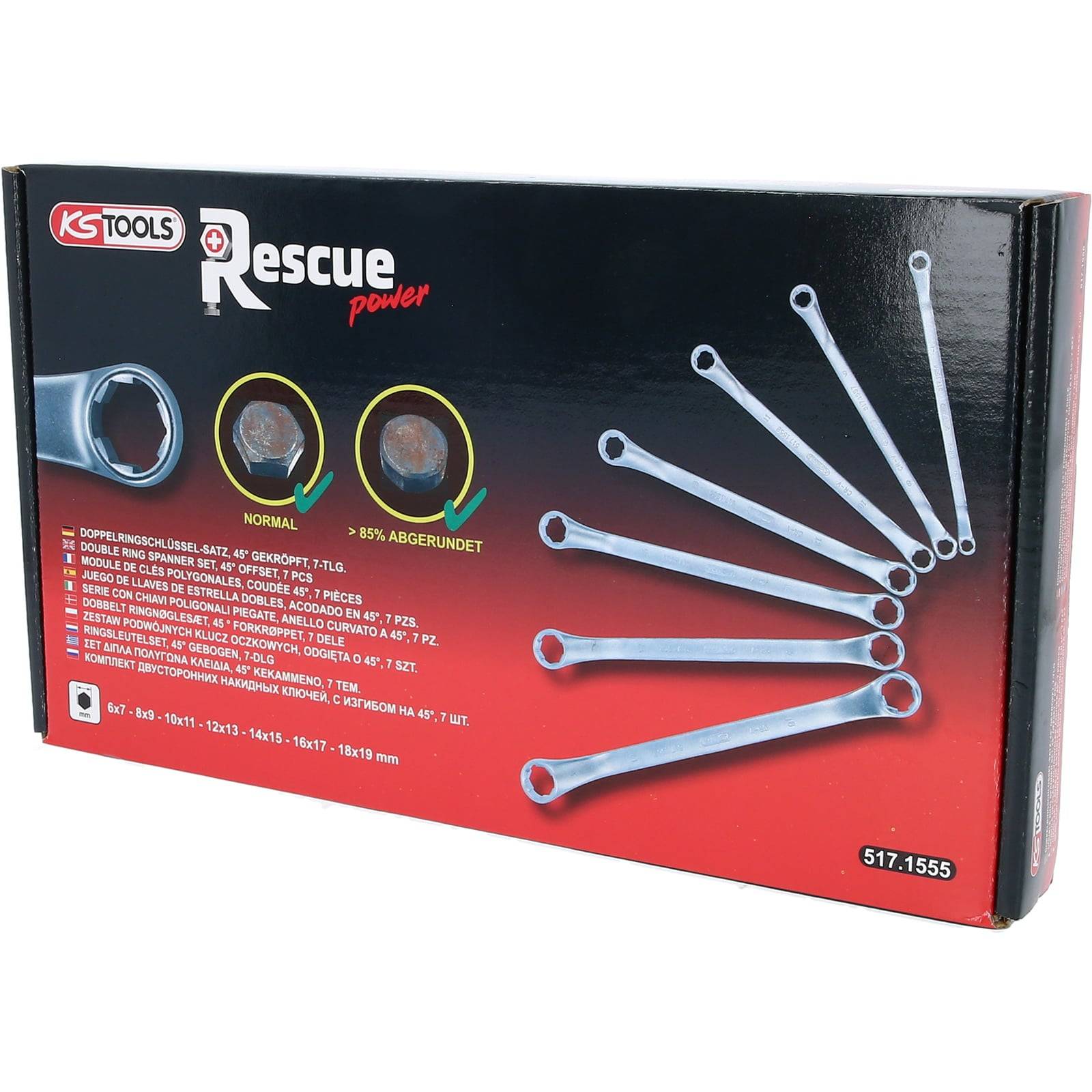 KS Tools Rescue Power' Box mit einem Satz Rollgabelschlüssel, die in einer Fächeranordnung präsentiert werden. Enthält Produktdetails in mehreren Sprachen.