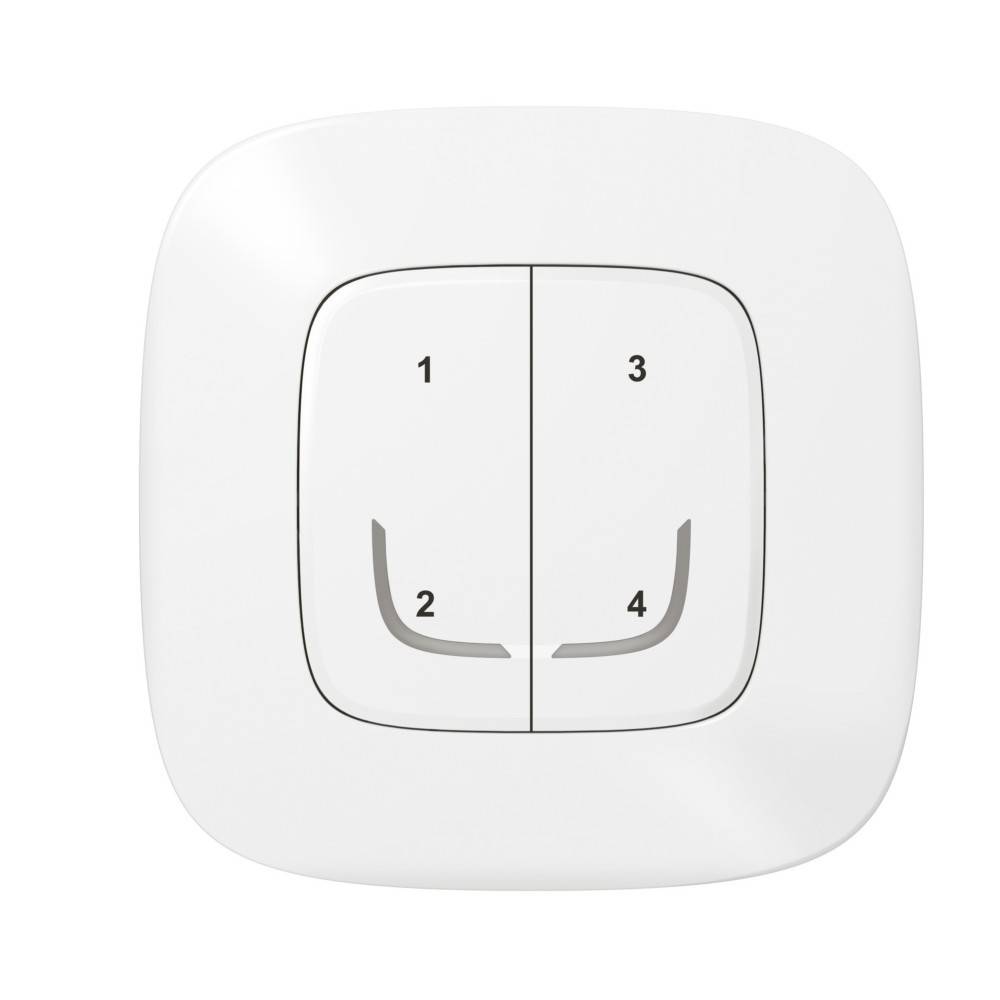 Ein weißer quadratischer Wandschalter mit vier nummerierten Tasten, angeordnet in zwei Reihen (zwei oben und zwei unten), beschriftet mit den Zahlen 1 bis 4.