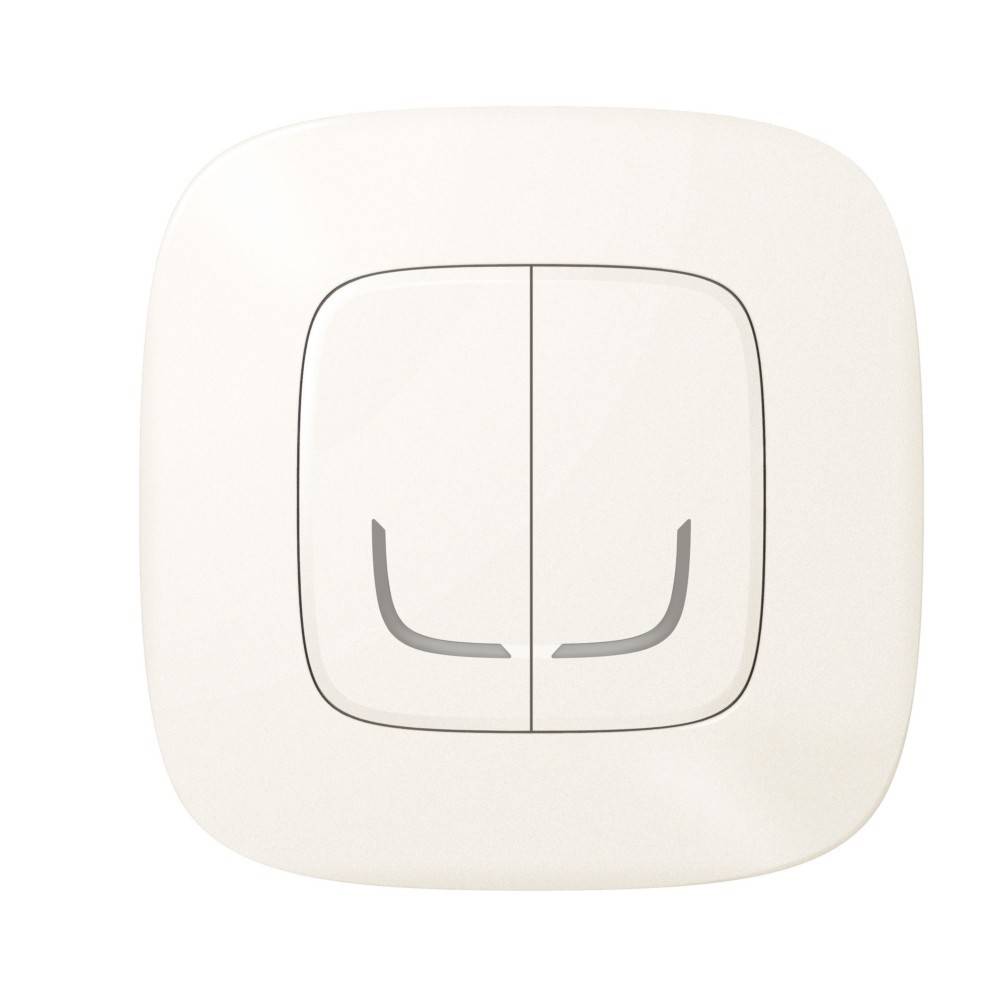 Ein weißer rechteckiger Doppellichtschalter mit abgerundeten Kanten vor einem einfarbigen Hintergrund.