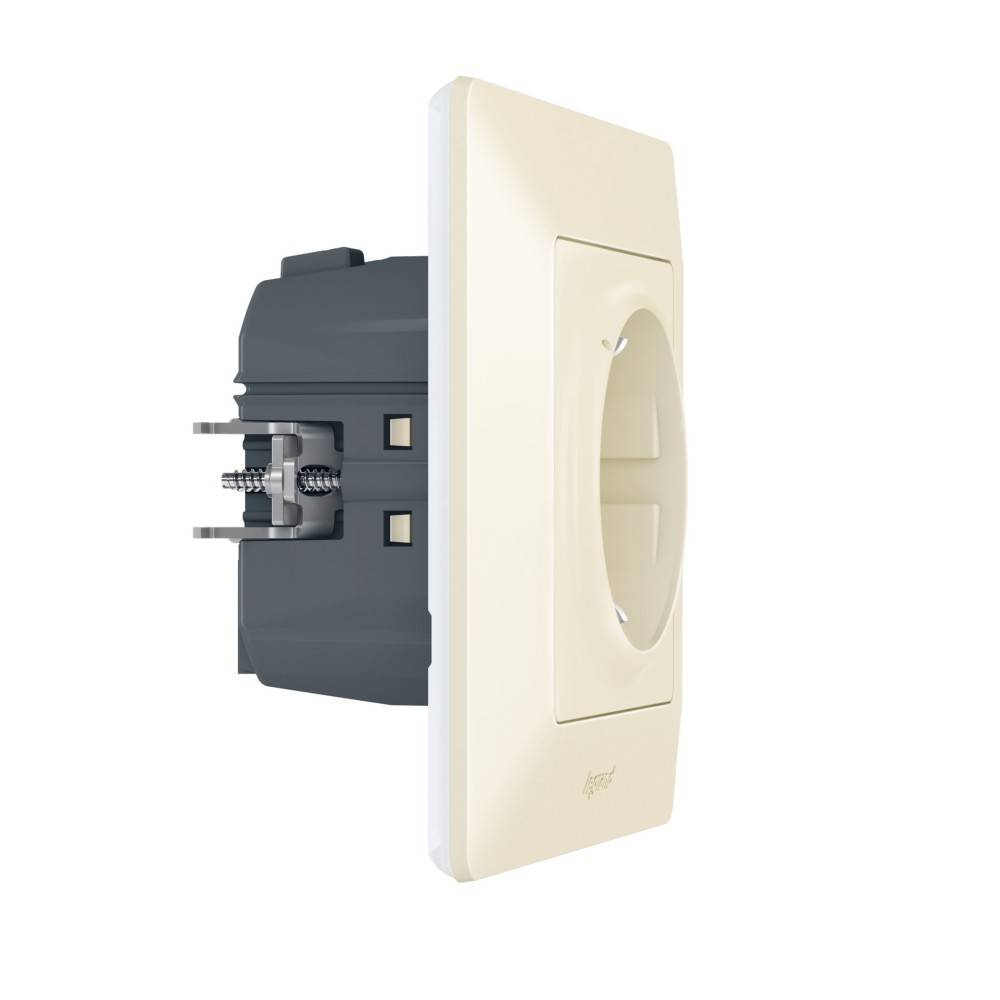 Eine beige Wandsteckdose mit einem schwarzen Innenmechanismus ist so angewinkelt, dass sowohl Front- als auch Seitenansicht sichtbar sind. Das Markenlogo ist zu erkennen.