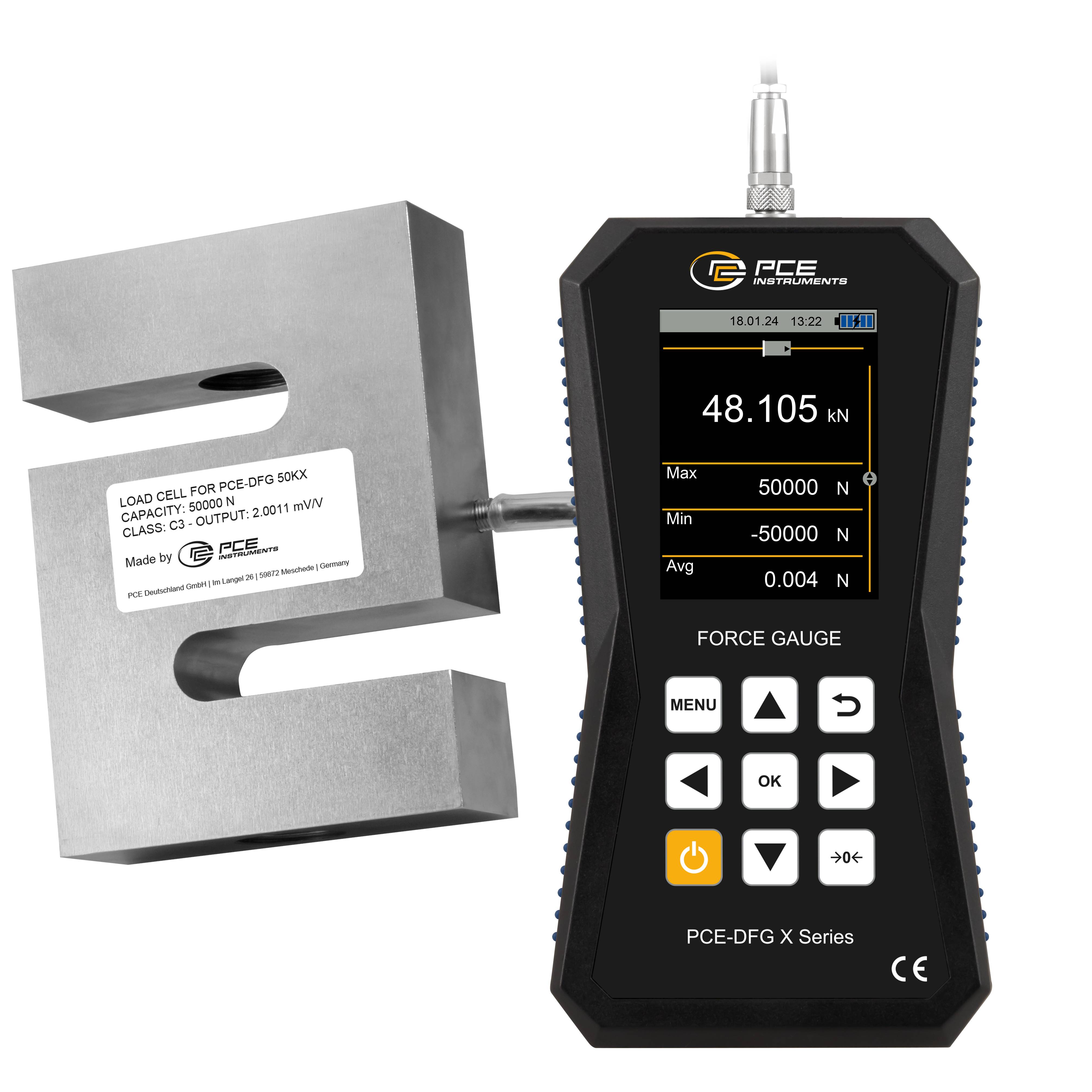 PCE Instruments Kraftmessgerät PCE-DFG 50K X |50kN |7.200 Hz |Genau ±0,05 %F.S. |Speicher|Software |inkl. Ringschrauben