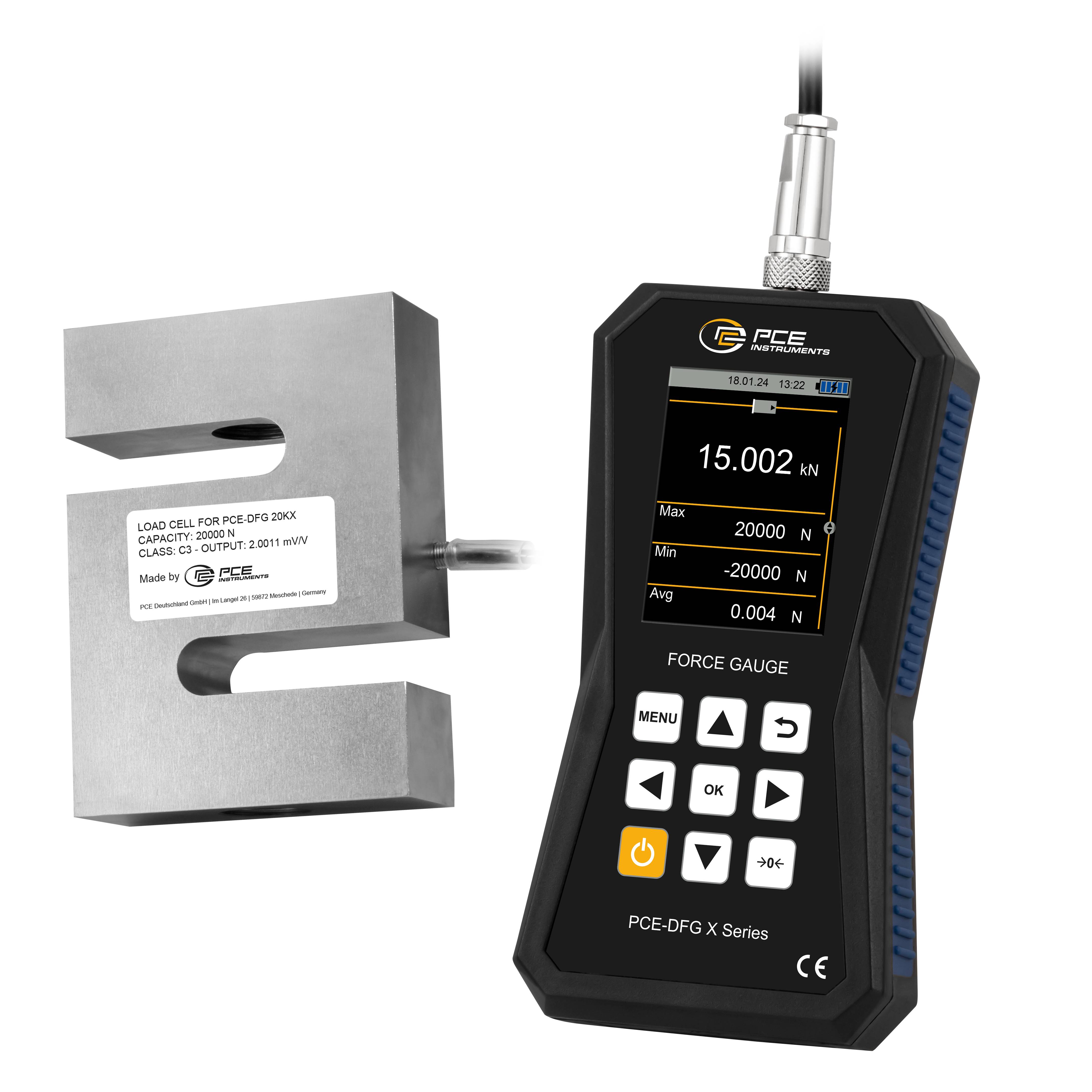 PCE Instruments Kraftmessgerät PCE-DFG 20K X |20kN |7.200Hz |Genau ±0,05% F.S. |Speicher |Software |inkl. Ringschrauben