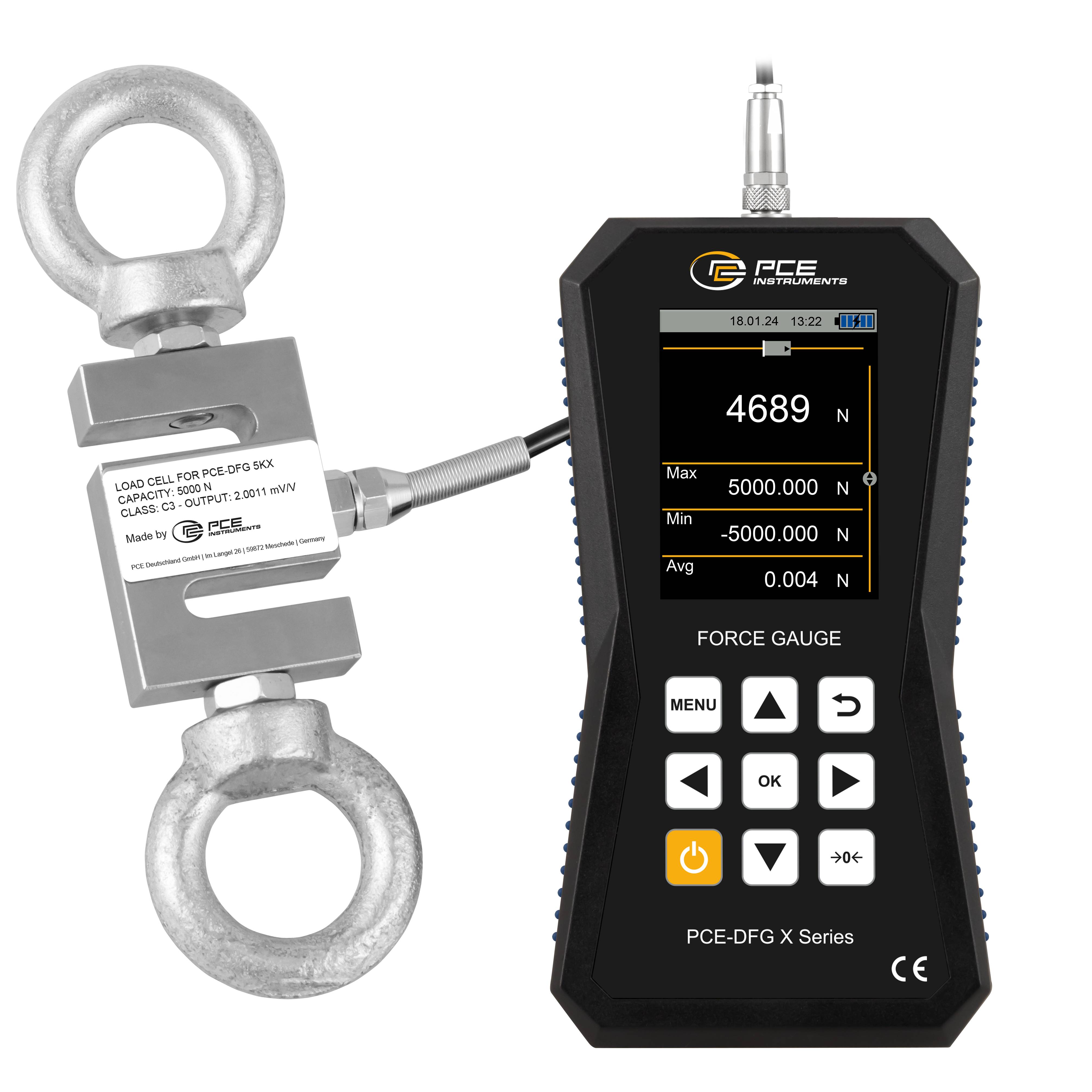 PCE Instruments Kraftmessgerät PCE-DFG 5K X |5 kN |7.200 Hz |Genau ±0,05 % F.S. |Speicher|Software |inkl. Ringschrauben