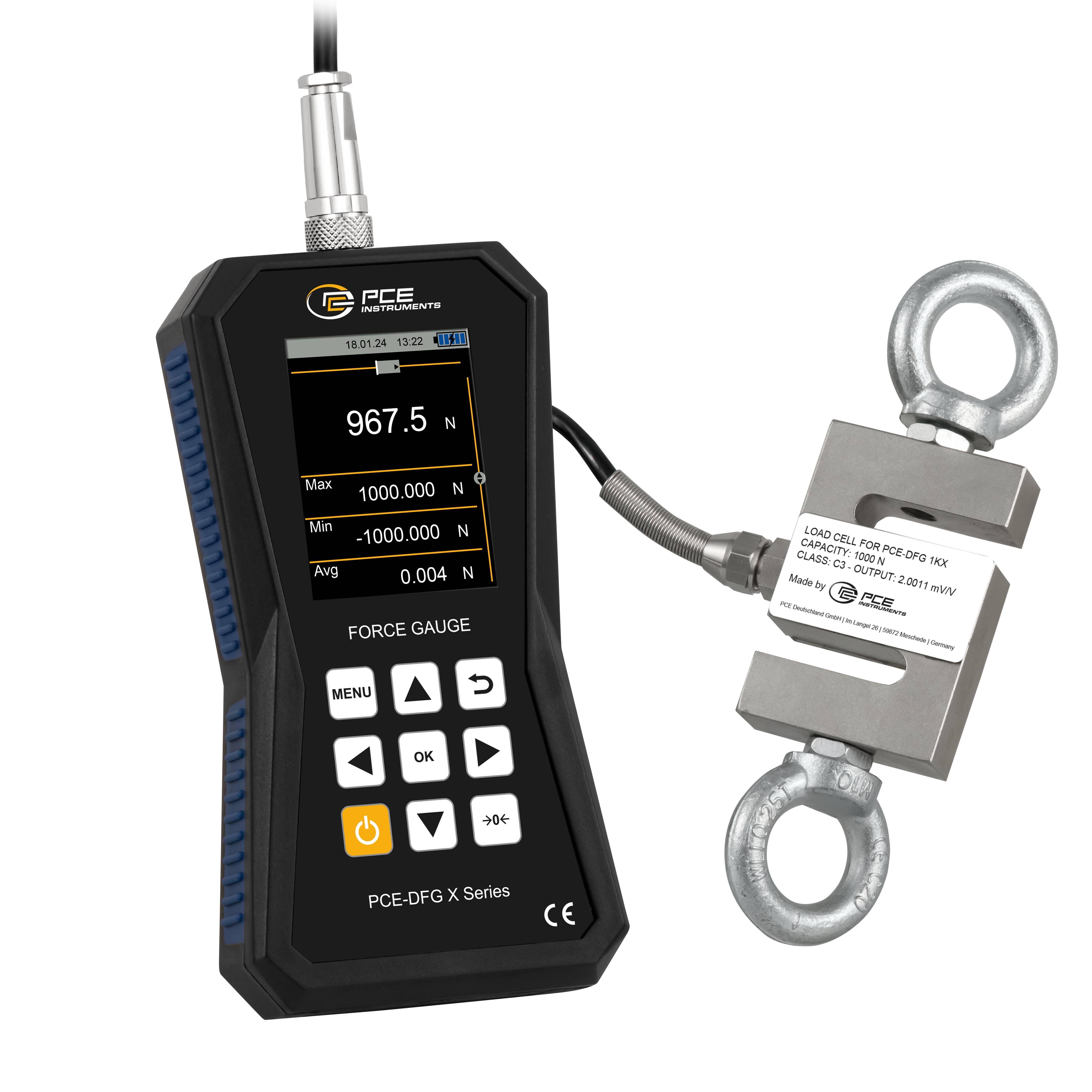 PCE Instruments Kraftmessgerät PCE-DFG 1K X |1000N |7.200Hz |Genau ±0,05% F.S. |Speicher |Software |Kalibriererinnerung