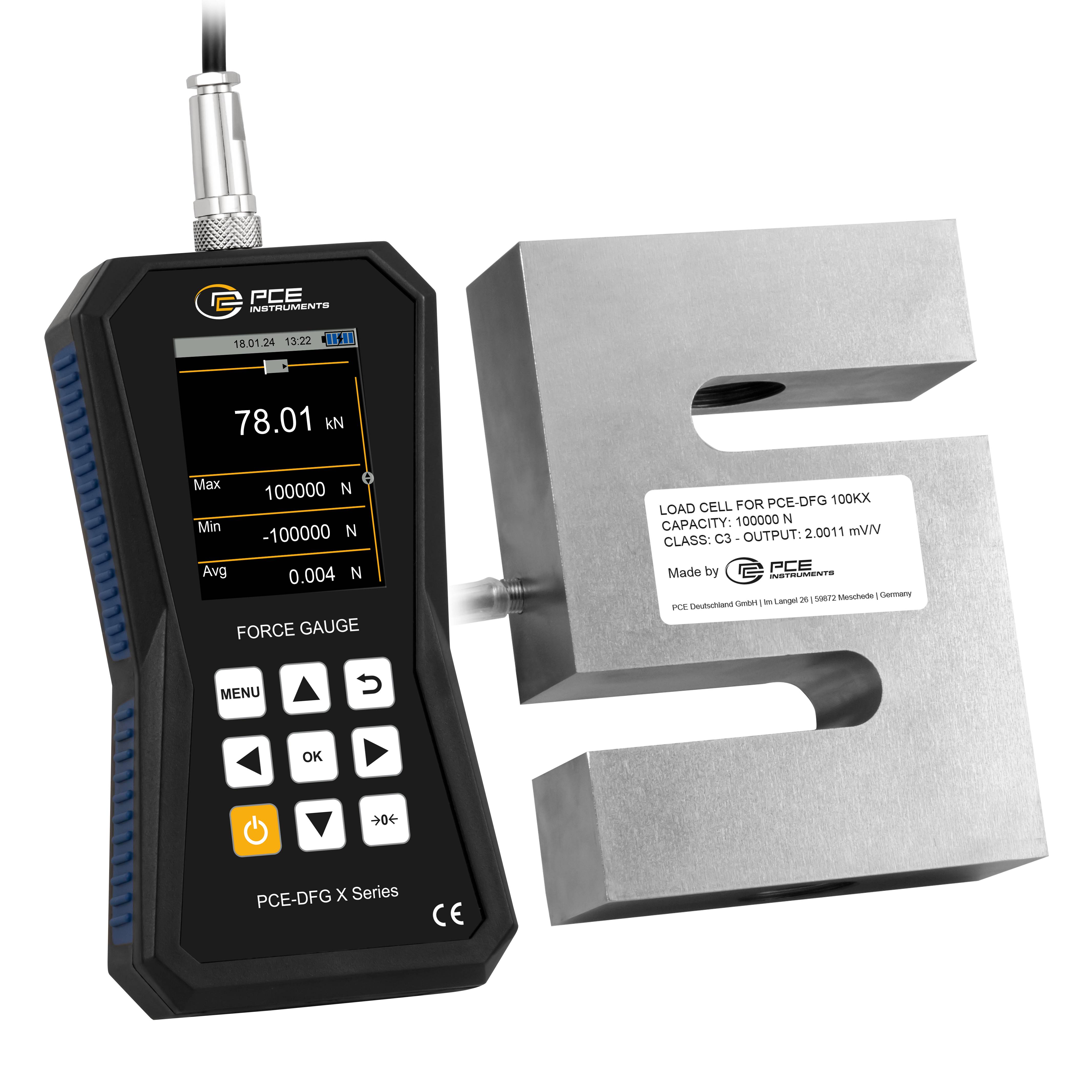 PCE Instruments Kraftmessgerät PCE-DFG 100K X |100kN |7.200Hz |Genau ±0,05% F.S. |Speicher|Software|Kalibriererinnerung