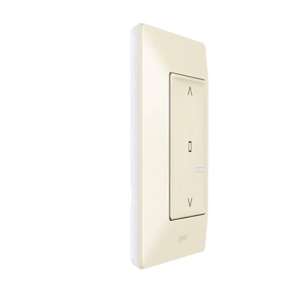 Lichtschalter mit Pfeiltasten zur Helligkeitseinstellung, an einer Wand montiert. Der Schalter ist in Beige gehalten und besitzt ein schlankes, modernes Design.