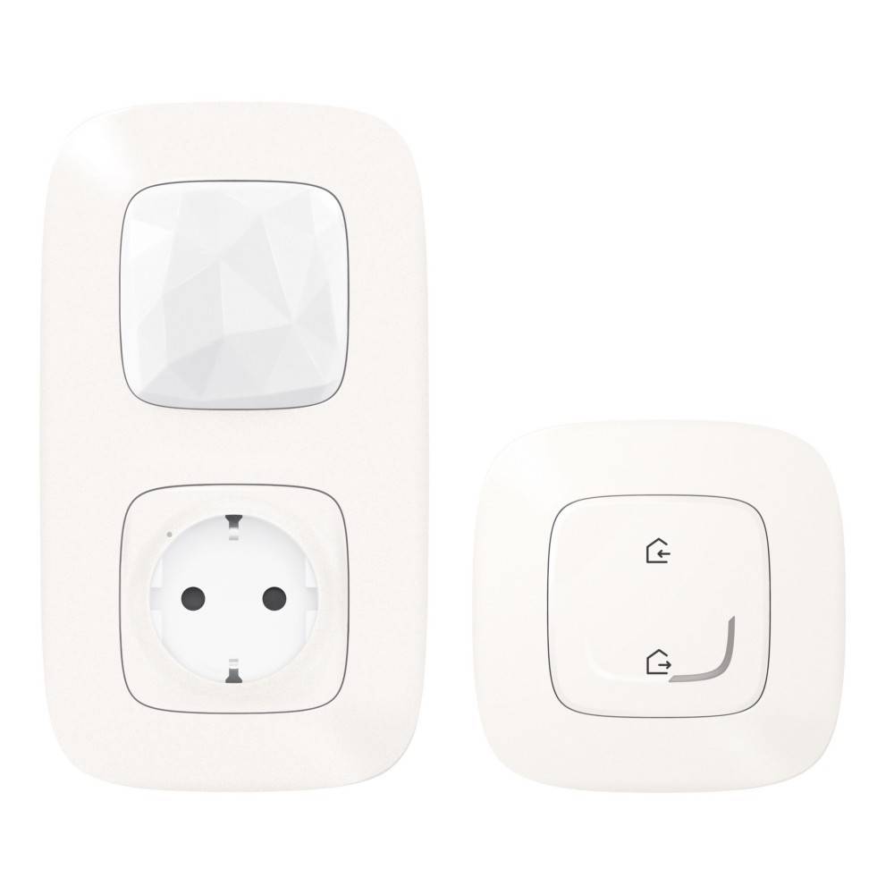 Ein intelligenter Steckdosensatz mit einer Wandsteckdose, die einen weißen Deckel und einen Schalter mit Hausikonen aufweist, der für Heimautomatisierung entwickelt wurde.
