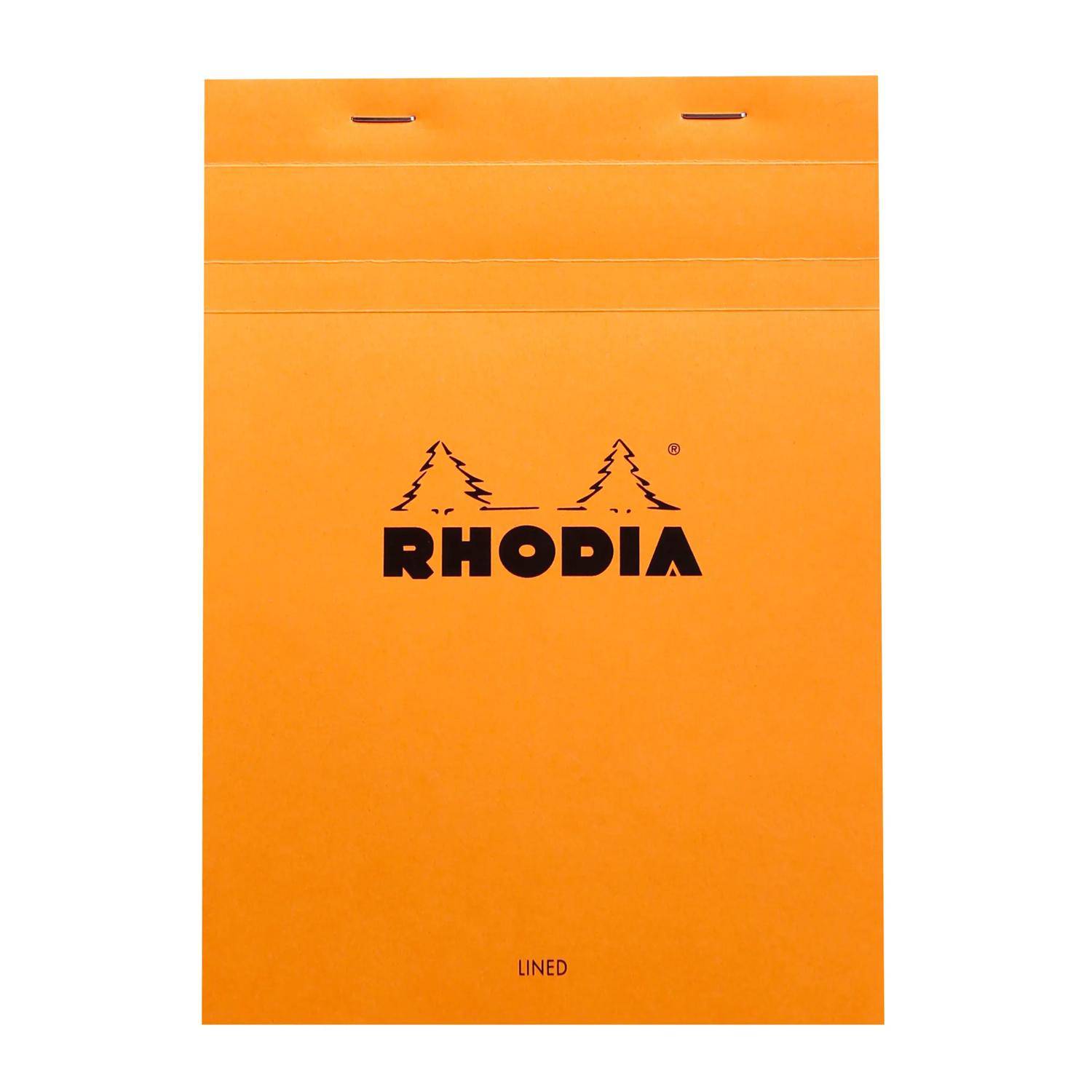 Orangefarbenes Rhodia-Schreibblock mit Linien und Logo auf der Vorderseite, geschlossen und aufrecht dargestellt.