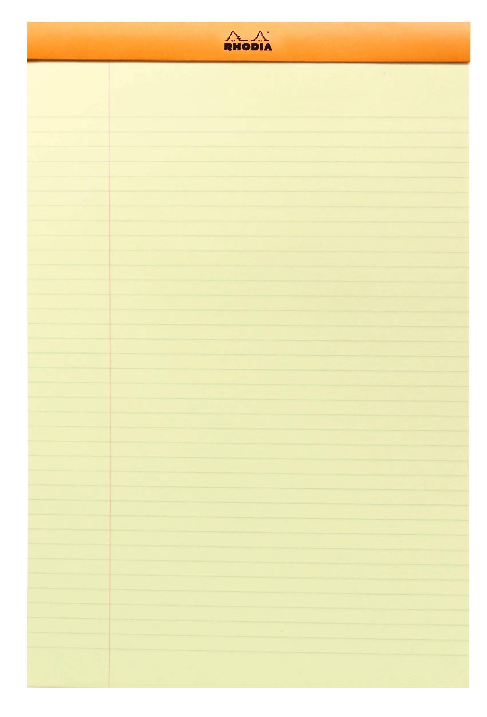 Leere Seite mit gelben Linien eines Notizblocks mit orangefarbenem Rhodia-Kopfteil oben