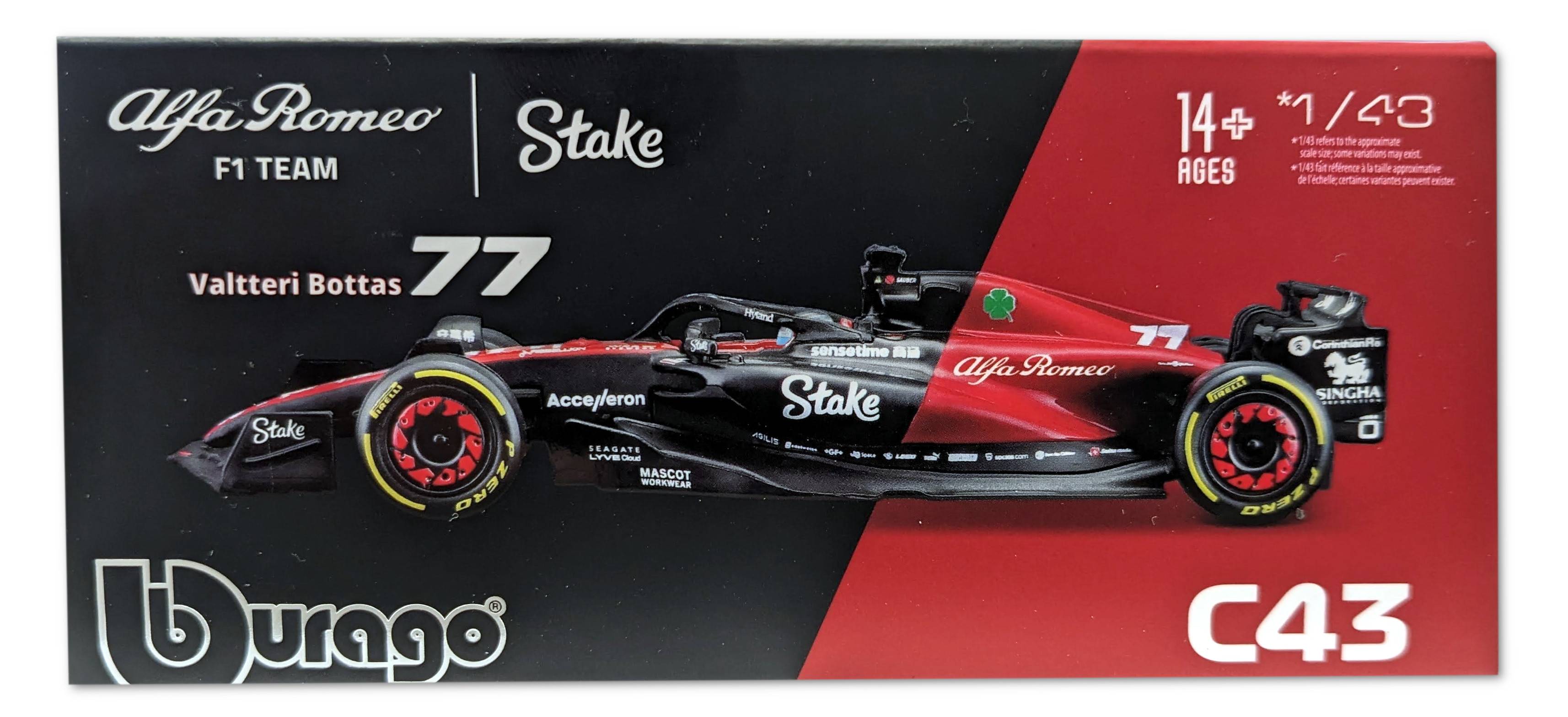 Bburago 18-38086 - Modellauto - F1 Alfa Romeo C43 #77 Bottas (mit Helm, Maßstab 1:43) Formel 1