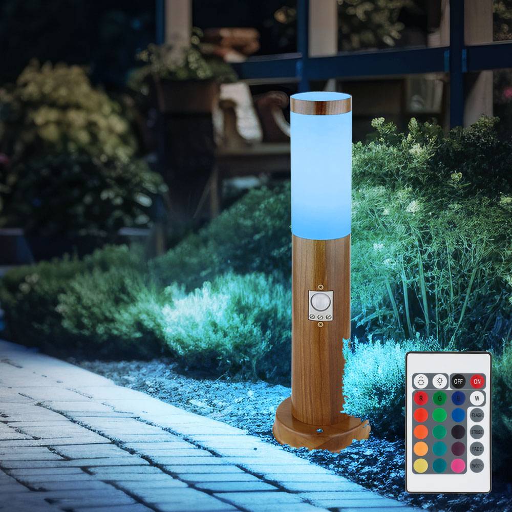 Sockelleuchte mit Bewegungsmelder Holz Optik Außen Standleuchte Pollerleuchte Edelstahl, Fernbedienung dimmbar, RGB LED 8,5W 806Lm warmweiß, DxH 7,6