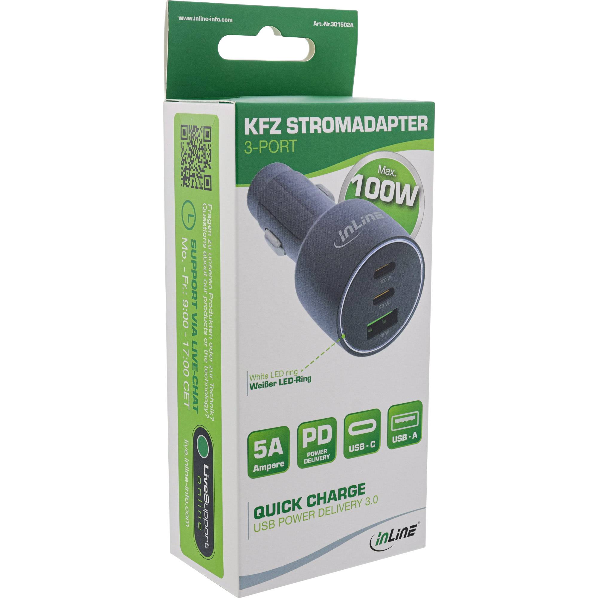 INLINE - USB KFZ Stromadapter Power Delivery - 2x USB-C + QC 3.0 USB-A - schwarz