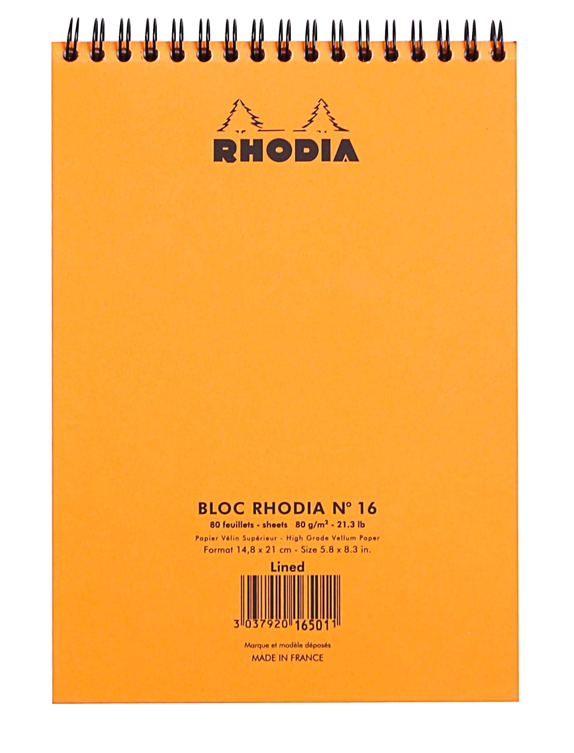 Orange Rhodia Spiralnotiz-Notizbuchdeckel mit "RHODIA""-Logo, Text ""BLOC RHODIA N° 16"" und Barcode in der Nähe des unteren Randes.