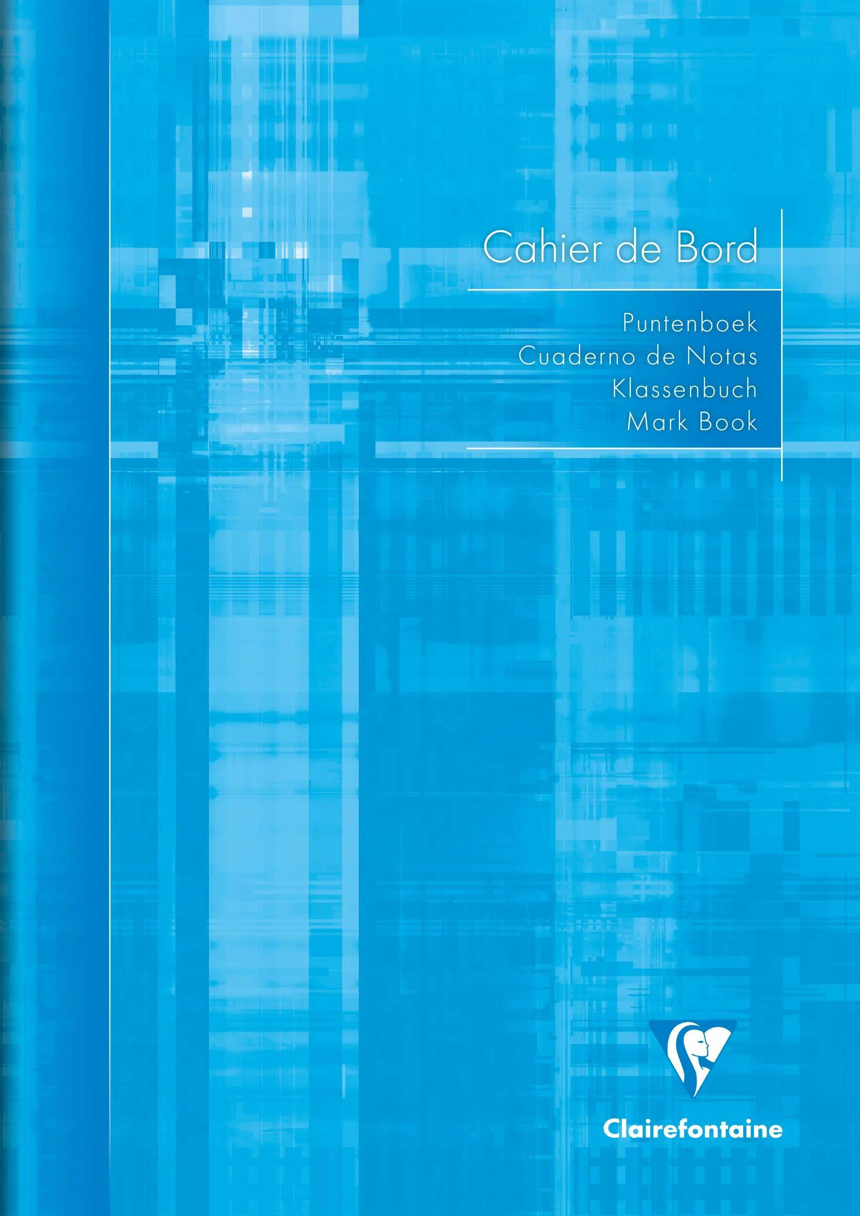 Blaues Clairefontaine Markennotizbuch mit abstrakten vertikalen Streifen und mehrsprachigem Titel „Cahier de Bord