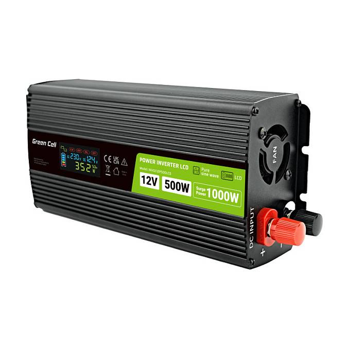 Green Cell Przetwornica napicia PowerInverter LCD 12 V 500W/1000W samochodowa z wywietlaczem - sinus