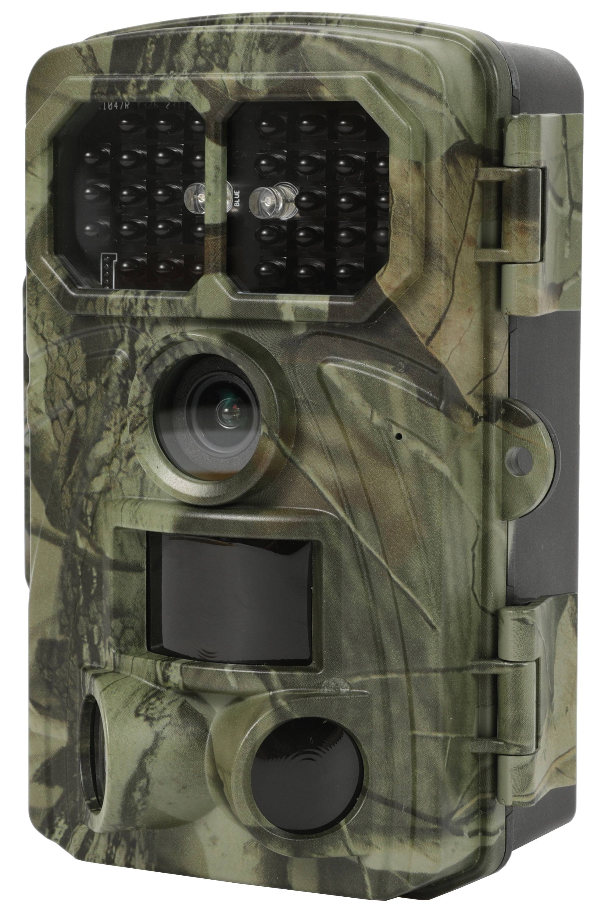 Tarnmuster-Wildkamera mit sichtbarem Objektiv und Sensor, entworfen für Wildtierbeobachtung und Außenüberwachung.